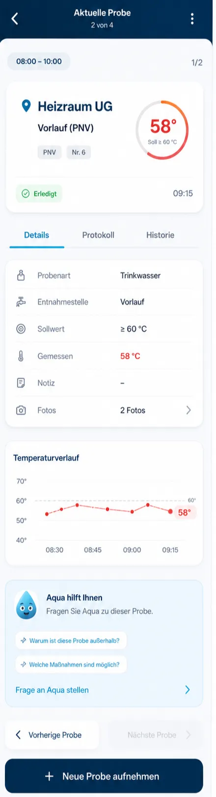 Field Mode: aktuelle Probe mit Temperaturverlauf und Protokoll
