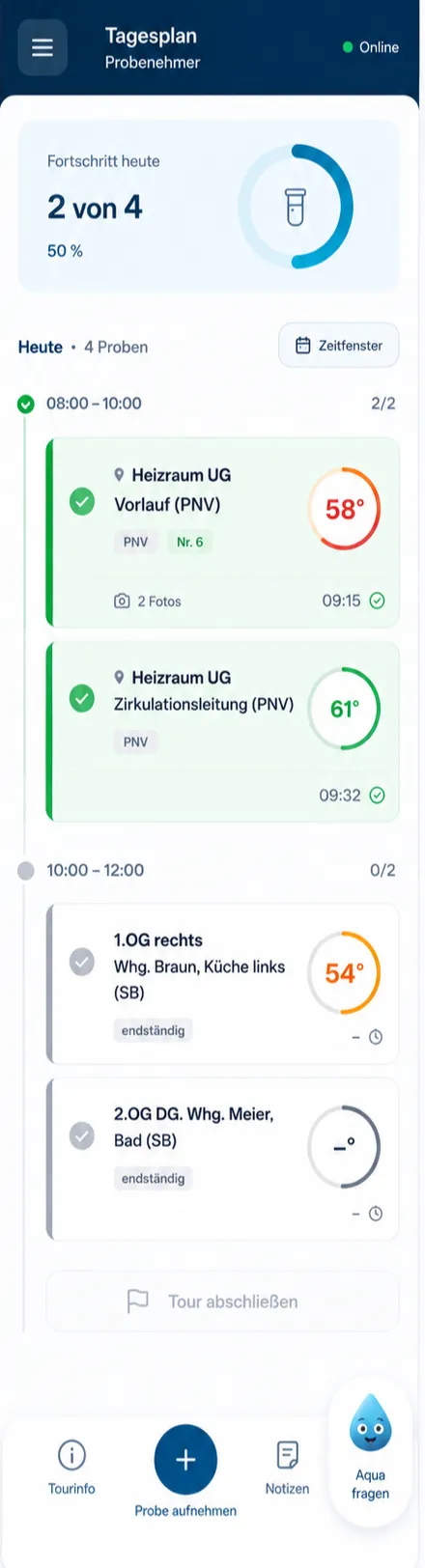 Field Mode: Tagesplan mit Fortschritt und geführten Proben